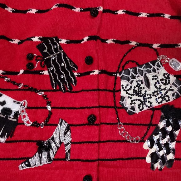 VTG 90s Janes Closet Knit Cardigan Sweater Embellished Purse Shopping Zebra Heel - Picture 2 of 8